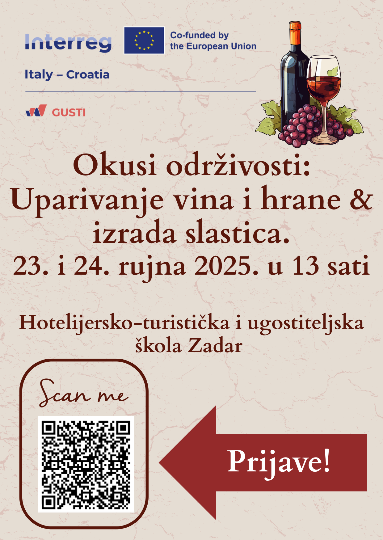 Poziv za sudjelovanje na edukaciji „Okusi održivosti: Uparivanje vina i hrane & izrada slastica“